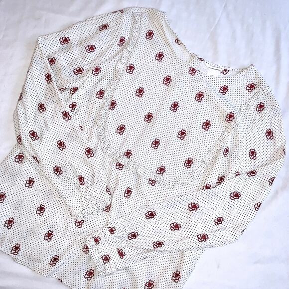 CLUB MONACO Peasant Blouse Size L Floral Embroidered Cream Crew Neck Ruffle - Picture 2 of 5